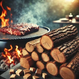 BBQ met rokende grill en dikke stukken vlees, omringd door natuurlijke eikenhout chunks, klaar om een rijke rooksmaak toe te voegen. Perfecte outdoor barbecue setting
