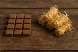 Een overzichtsfoto van vierkante bruine aanmaakblokjes en opgerolde aanmaakwokkels van houtwol op een houten ondergrond, als visuele vergelijking van beide soorten aanmaakmateriaal