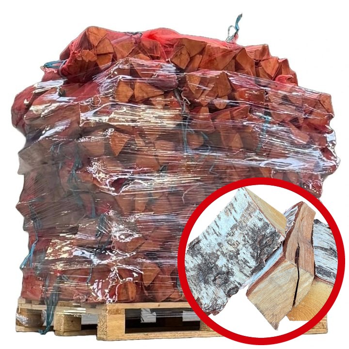 Pallet met 60 netzakken berkenhout van 20 kilo, met een cirkel van berken haardhoutblokken
